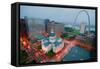 In a misty rain an elevated view of Gateway Arch and the historical Old St. Louis Courthouse. Th...-null-Framed Stretched Canvas