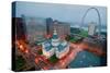 In a misty rain an elevated view of Gateway Arch and the historical Old St. Louis Courthouse. Th...-null-Stretched Canvas