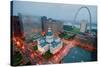 In a misty rain an elevated view of Gateway Arch and the historical Old St. Louis Courthouse. Th...-null-Stretched Canvas