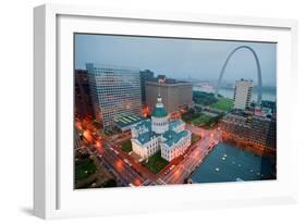 In a misty rain an elevated view of Gateway Arch and the historical Old St. Louis Courthouse. Th...-null-Framed Photographic Print