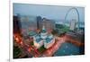 In a misty rain an elevated view of Gateway Arch and the historical Old St. Louis Courthouse. Th...-null-Framed Photographic Print