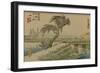 In a Storm a Man Runs Behind His Hat While Another Man Crosses the River-Utagawa Hiroshige-Framed Art Print