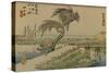 In a Storm a Man Runs Behind His Hat While Another Man Crosses the River-Utagawa Hiroshige-Stretched Canvas