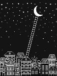 Black and White to the Moon and Back Vector Illustration. Old Town, Night Sky, Stairs to the Moon O-in_dies_magis-Art Print