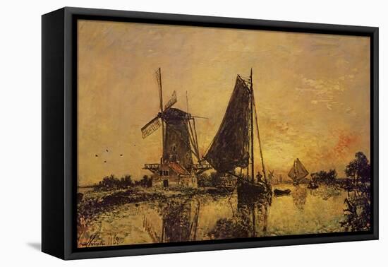 In Holland, Boats Near a Windmill, 1868-Johan-Barthold Jongkind-Framed Stretched Canvas