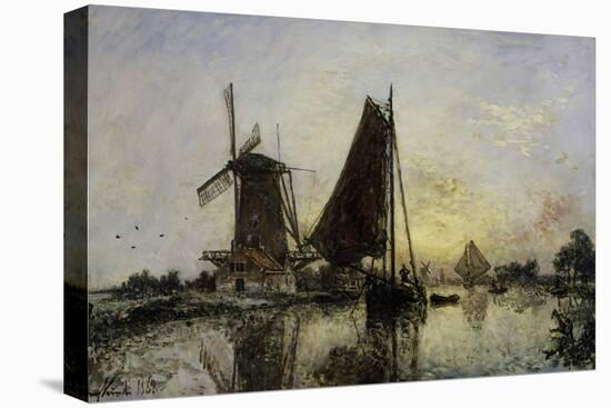 In Holland, Ships Near a Mill, c.1868-Johan-Barthold Jongkind-Stretched Canvas