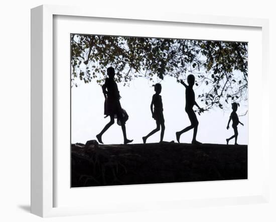 In Late Afternoon, a Group of Dassanech Children Walk Along Bank of Omo River in Southwest Ethiopia-Nigel Pavitt-Framed Photographic Print