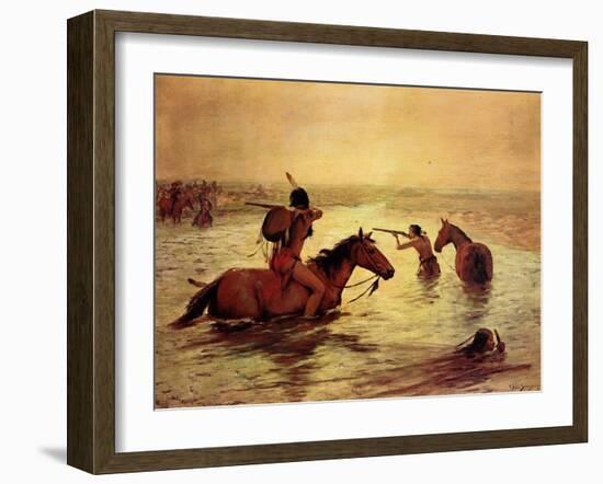 In Retreat across a Stream-Charles Shreyvogel-Framed Art Print