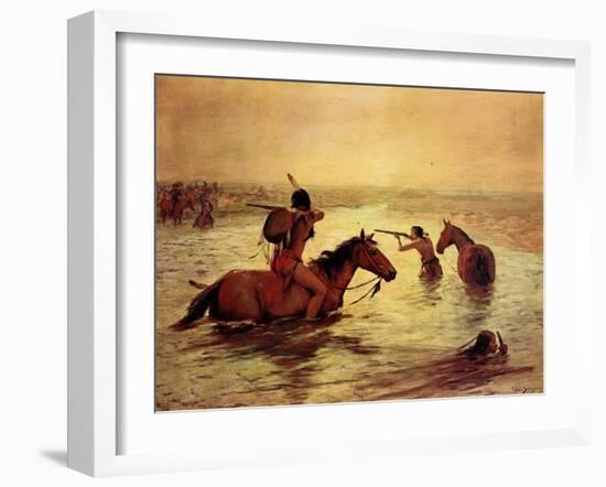 In Retreat across a Stream-Charles Shreyvogel-Framed Art Print