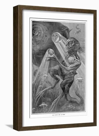 In the Abyss' Divers Encounter Weird Creatures in the Lower Depths of the Ocean-Henri Lanos-Framed Art Print