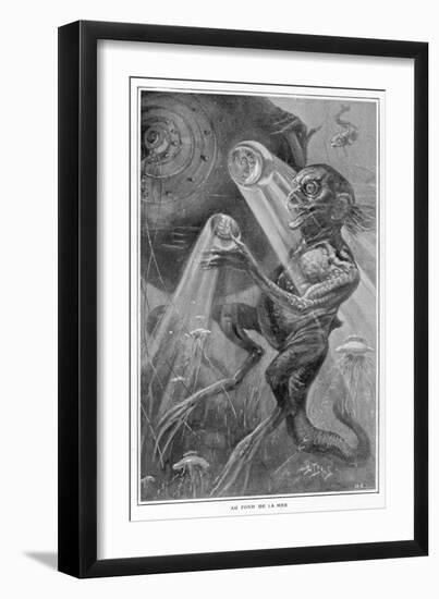 In the Abyss' Divers Encounter Weird Creatures in the Lower Depths of the Ocean-Henri Lanos-Framed Art Print