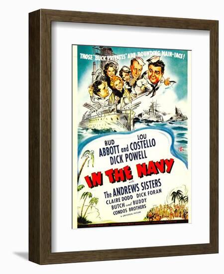 In the Navy, Dick Powell, the Andrews Sisters, Bud Abbott, Lou Costello on Midget Window Card, 1941-null-Framed Art Print