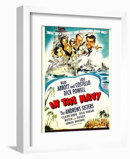 In the Navy, Dick Powell, the Andrews Sisters, Bud Abbott, Lou Costello on Midget Window Card, 1941-null-Framed Art Print