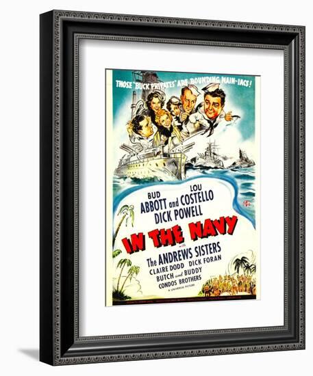 In the Navy, Dick Powell, the Andrews Sisters, Bud Abbott, Lou Costello on Midget Window Card, 1941-null-Framed Art Print