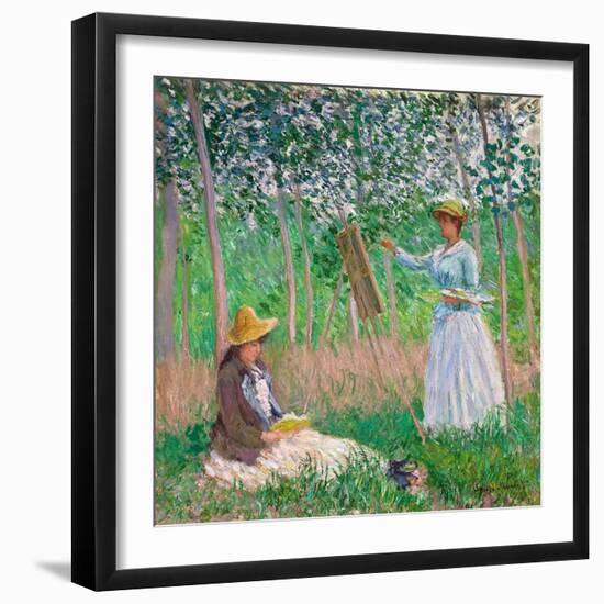 In the Woods at Giverny: Blanche Hoschedé at Her Easel with Suzanne Hoschedé Reading, 1887-Claude Monet-Framed Premium Giclee Print