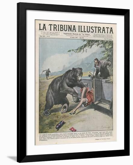 In Yellowstone a Bear Pats a Woman in a Car-Vittorio Pisani-Framed Art Print