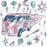 Love Bus Vector Poster. Hippie Car, Mini Van with Different Symbols. Retro Colors. Psychedelic Conc-INAMEL-Art Print