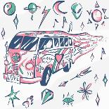 Love Bus Vector Poster. Hippie Car, Mini Van with Different Symbols. Retro Colors. Psychedelic Conc-INAMEL-Framed Stretched Canvas