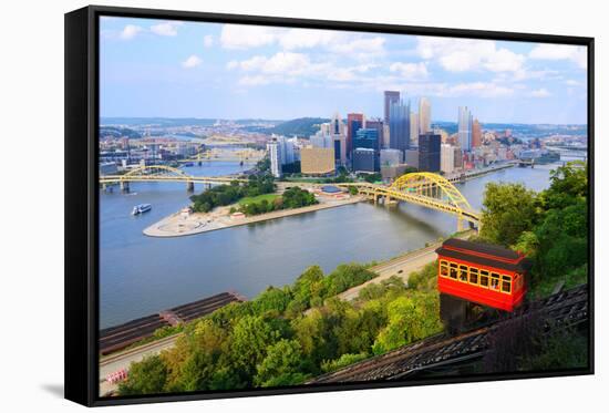 Incline Operating in Front of the Downtown Skyline of Pittsburgh, Pennsylvania, Usa.-SeanPavonePhoto-Framed Stretched Canvas