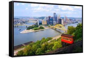 Incline Operating in Front of the Downtown Skyline of Pittsburgh, Pennsylvania, Usa.-SeanPavonePhoto-Framed Stretched Canvas