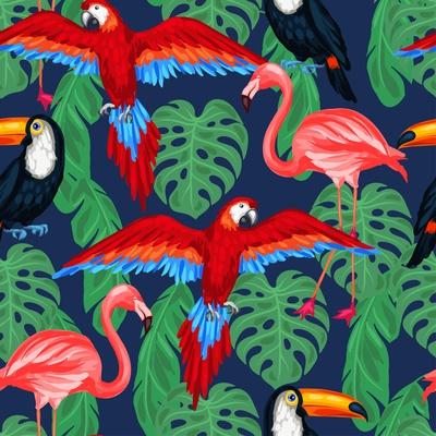 Tropical Birds Seamless Pattern with Palm Leaves