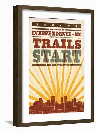 Independence, Missouri - Skyline and Sunburst Screenprint Style-Lantern Press-Framed Art Print