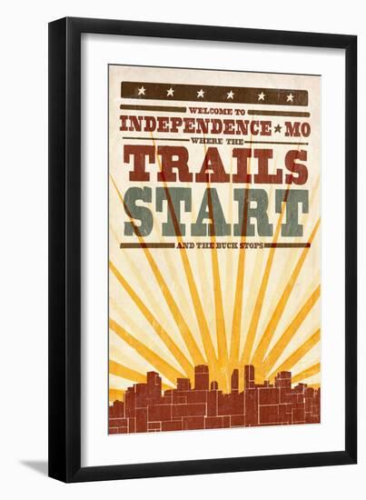 Independence, Missouri - Skyline and Sunburst Screenprint Style-Lantern Press-Framed Art Print