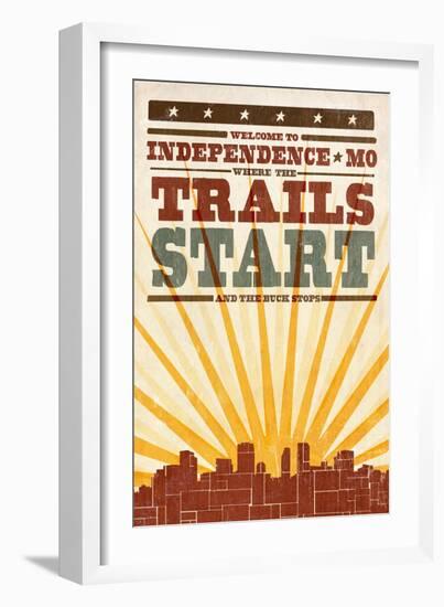 Independence, Missouri - Skyline and Sunburst Screenprint Style-Lantern Press-Framed Art Print