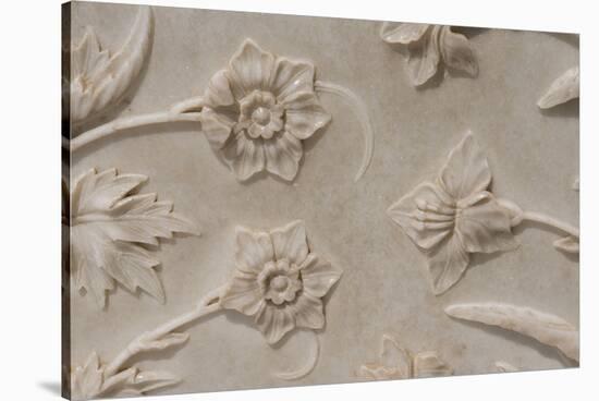 India, Agra, Taj Mahal. Detail of Carved Marble with Flower Design-Cindy Miller Hopkins-Stretched Canvas