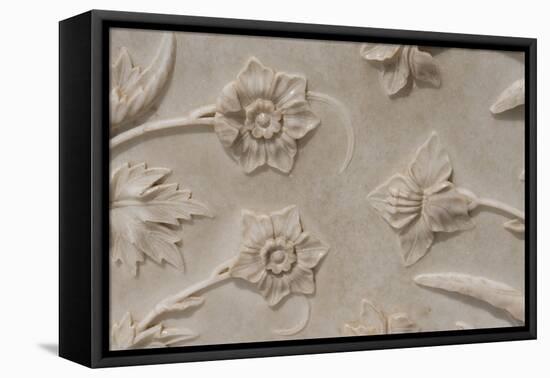 India, Agra, Taj Mahal. Detail of Carved Marble with Flower Design-Cindy Miller Hopkins-Framed Stretched Canvas