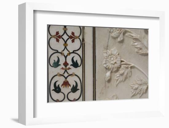 India, Agra, Taj Mahal. Detail of Marble Inlay with Carved Flowers-Cindy Miller Hopkins-Framed Photographic Print