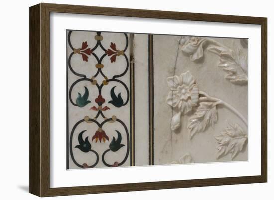 India, Agra, Taj Mahal. Detail of Marble Inlay with Carved Flowers-Cindy Miller Hopkins-Framed Photographic Print