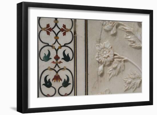 India, Agra, Taj Mahal. Detail of Marble Inlay with Carved Flowers-Cindy Miller Hopkins-Framed Photographic Print