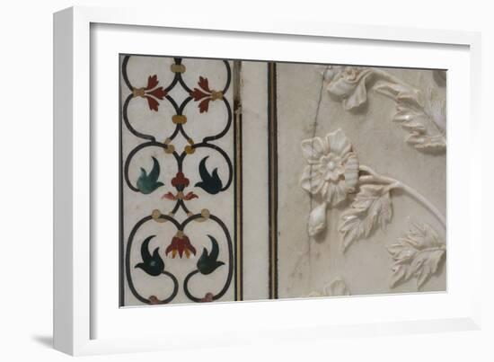 India, Agra, Taj Mahal. Detail of Marble Inlay with Carved Flowers-Cindy Miller Hopkins-Framed Photographic Print