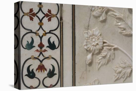 India, Agra, Taj Mahal. Detail of Marble Inlay with Carved Flowers-Cindy Miller Hopkins-Stretched Canvas