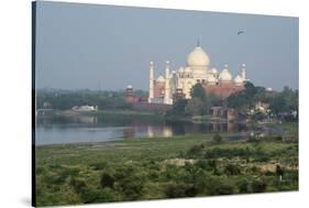 India, Agra. Taj Mahal from the Red Fort of Agra. Sandstone Fortress-Cindy Miller Hopkins-Stretched Canvas