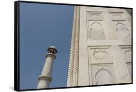 India, Agra, Taj Mahal. Ornate Marble Wall with Corner Tower-Cindy Miller Hopkins-Framed Stretched Canvas