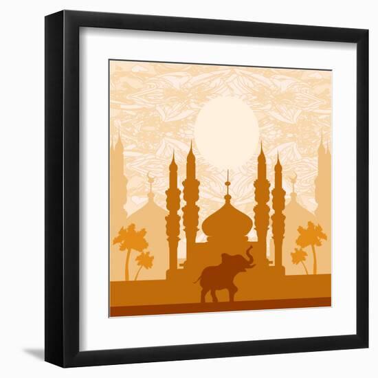 India Background,Elephant, Building And Palm Trees-JackyBrown-Framed Art Print