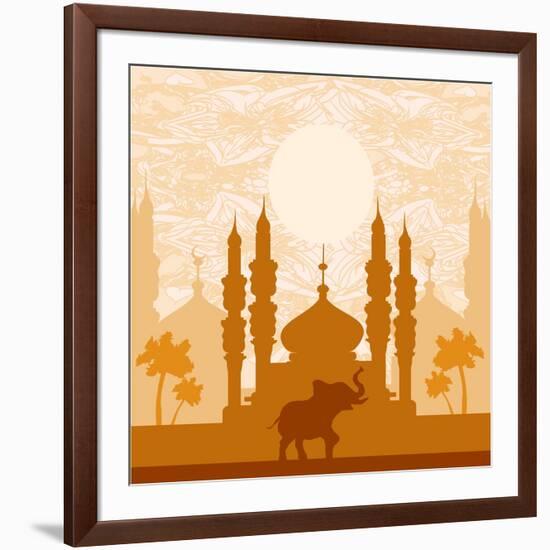 India Background,Elephant, Building And Palm Trees-JackyBrown-Framed Art Print