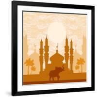 India Background,Elephant, Building And Palm Trees-JackyBrown-Framed Art Print