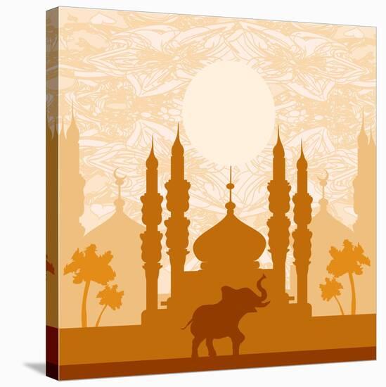 India Background,Elephant, Building And Palm Trees-JackyBrown-Stretched Canvas