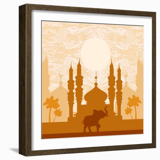 India Background,Elephant, Building And Palm Trees-JackyBrown-Framed Art Print