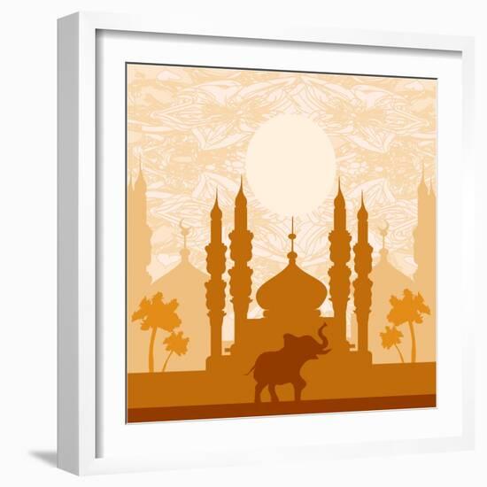 India Background,Elephant, Building And Palm Trees-JackyBrown-Framed Art Print