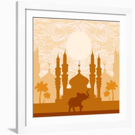 India Background,Elephant, Building And Palm Trees-JackyBrown-Framed Art Print