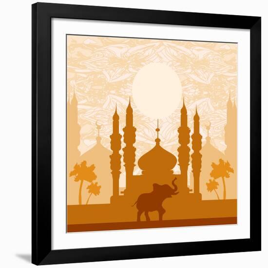 India Background,Elephant, Building And Palm Trees-JackyBrown-Framed Art Print