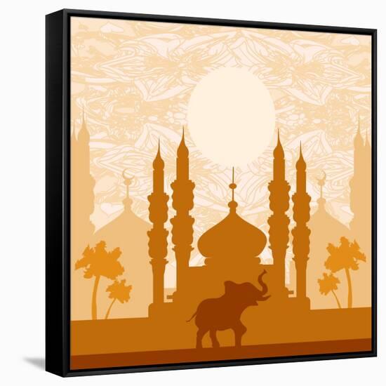 India Background,Elephant, Building And Palm Trees-JackyBrown-Framed Stretched Canvas