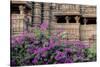 India, Madhya Pradesh State Temple of Kandariya with Bushes of Bougainvillea Flowers in Foreground-Ellen Clark-Stretched Canvas