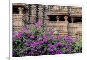 India, Madhya Pradesh State Temple of Kandariya with Bushes of Bougainvillea Flowers in Foreground-Ellen Clark-Framed Photographic Print