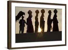 India, Manvar, Desert, Sand Dunes. Colorfully Dressed Women Walking with Pots on their Head-Emily Wilson-Framed Photographic Print