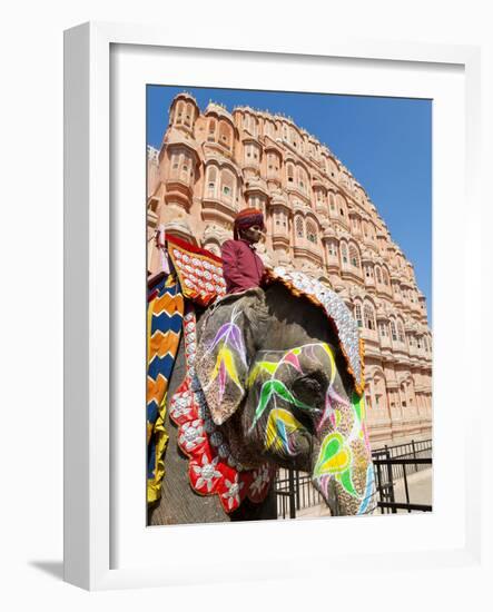 India, Rajasthan, Jaipur, Ceremonial Decorated Elephant Outside the Hawa Mahal, Palace of the Winds-Gavin Hellier-Framed Photographic Print